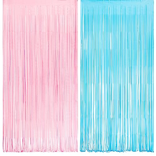Image of Pink and Blue Party Photo Backdrop - GREATRIL Foil Fringe Tinsel Streamers for Gender Reveal /Pastel /Easter /Birthdays Party Decorations - 3.2ft X 8.2ft - 2 Packs