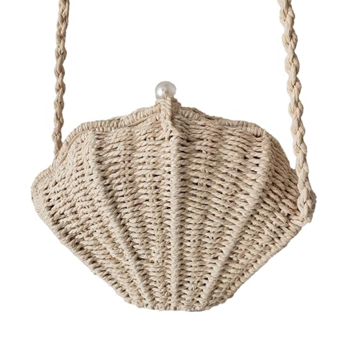 Straw Shell Purse Clutch Purse Pearl Woven Shell Shape Shoulder