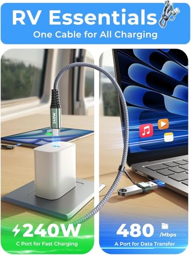 Image of AINOPE 10 FT USB C Cable Fast Charging, 240W USB-C Charge Cable with Adapter, Fast Charger USB C Cable Supports 100W, Right Angle USB C Fit MacBook Pro /Air, iPad Pro /Air, iPhone 17 /16 /15, 10FT Grey