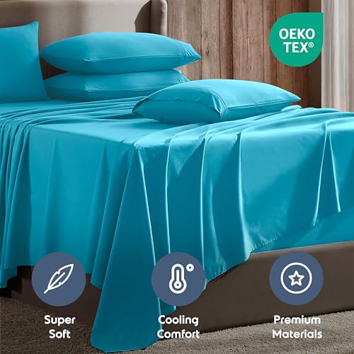 Image of Nestl Extra Deep King Sheet Set - 6 Piece Breathable & Cooling Sheets - Hotel Luxury Bedding Set w /18-24 Inch Deep Pockets - Easy & Secure Fit - Super Soft, Wrinkle Free & Comfy - Bright Blue