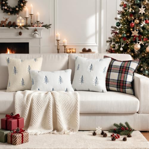 Image of MIULEE Christmas Decorative Faux Fur Pillow Covers 20x20 Inch White Blue | Set of 2, Embroidered Christmas Tree Throw Pillows, Winter Couch Covers, Festive Home Decor for Sofa Bedroom Living Room