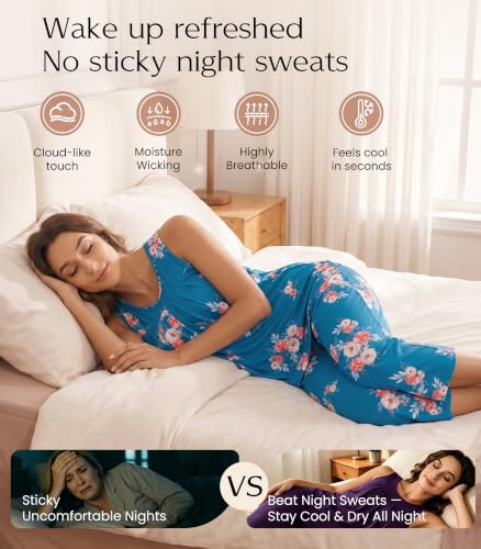 Image of NACHILA Pajamas for Women-Viscose Made from Bamboo, Sleeveless Pjs Tank Top Capri Pants Pajama Sets Cooling Sleepwear
