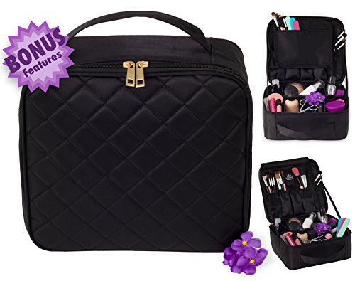 BRAND NEW Stylish Diamond Stitch Make-Up Train Case - Compactable & Adjustable -BONUS Storage Compartments EXTRA Zipper Pockets - Perfect Portable Organizer For Travel