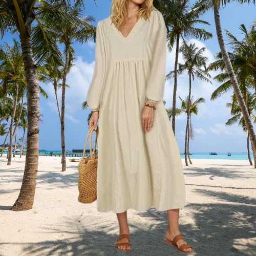 Womens 2024 Casual Long Lantern Sleeve Cotton Linen Maxi Dress V Neck High Waist A Line Long Flowy Beach Dresses - Image 5