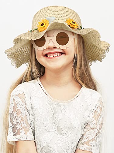 Cindeer 2 Pcs Girls Straw Summer Hat with Round Flower Sunglasses Set for Kids Large Brim Cute Sunflower Beach Sun Hat(Beige)2
