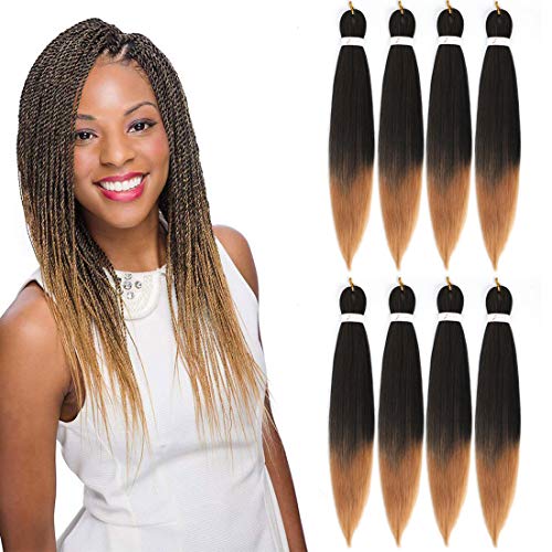 Ombre Pre-Stretched Braiding Hair Extensions 8 Packs Hot Water Setting Yaki Straight Braiding Hair Itch Free Low Temperature Synthetic Fibers Professional Braiding Hair(24 inch, #1B/27)