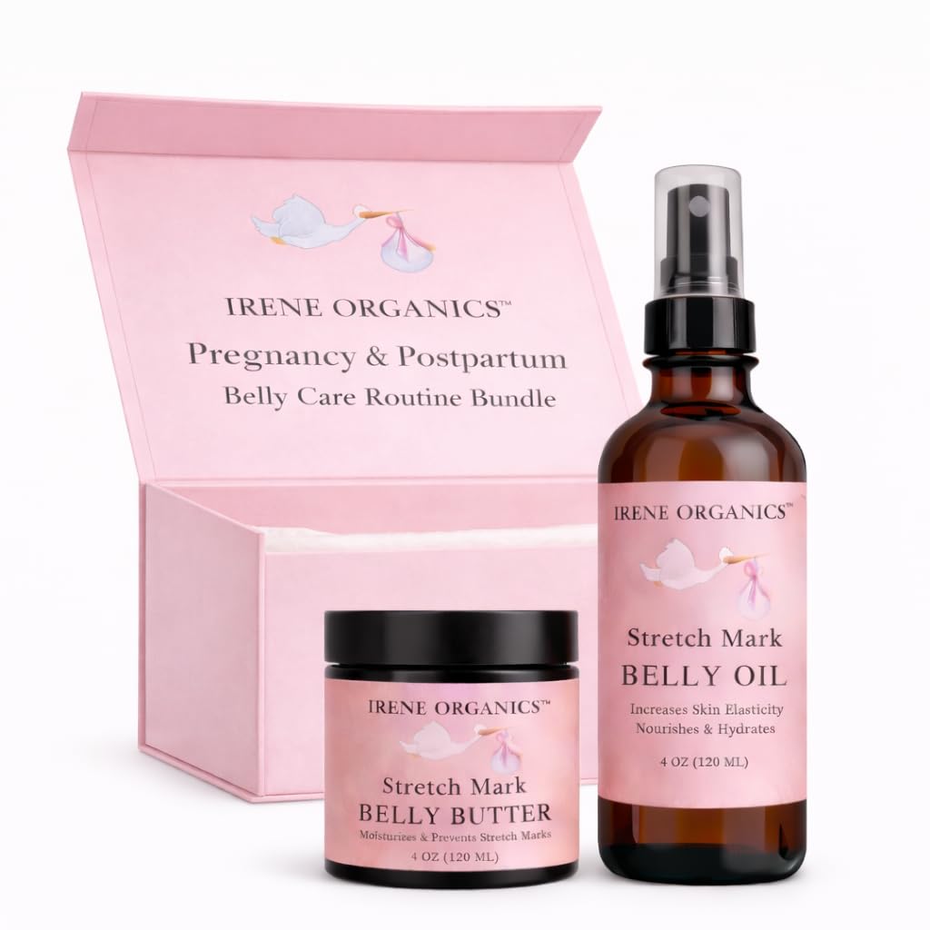 Belly Bundle by Irene Organics - Organic Belly Butter and Oil for Pregnancy Stretch Mark Prevention and Treatment - Award Winning Skincare For Pregnancy and Postpartum - Mother's Day Gift Set (Small)