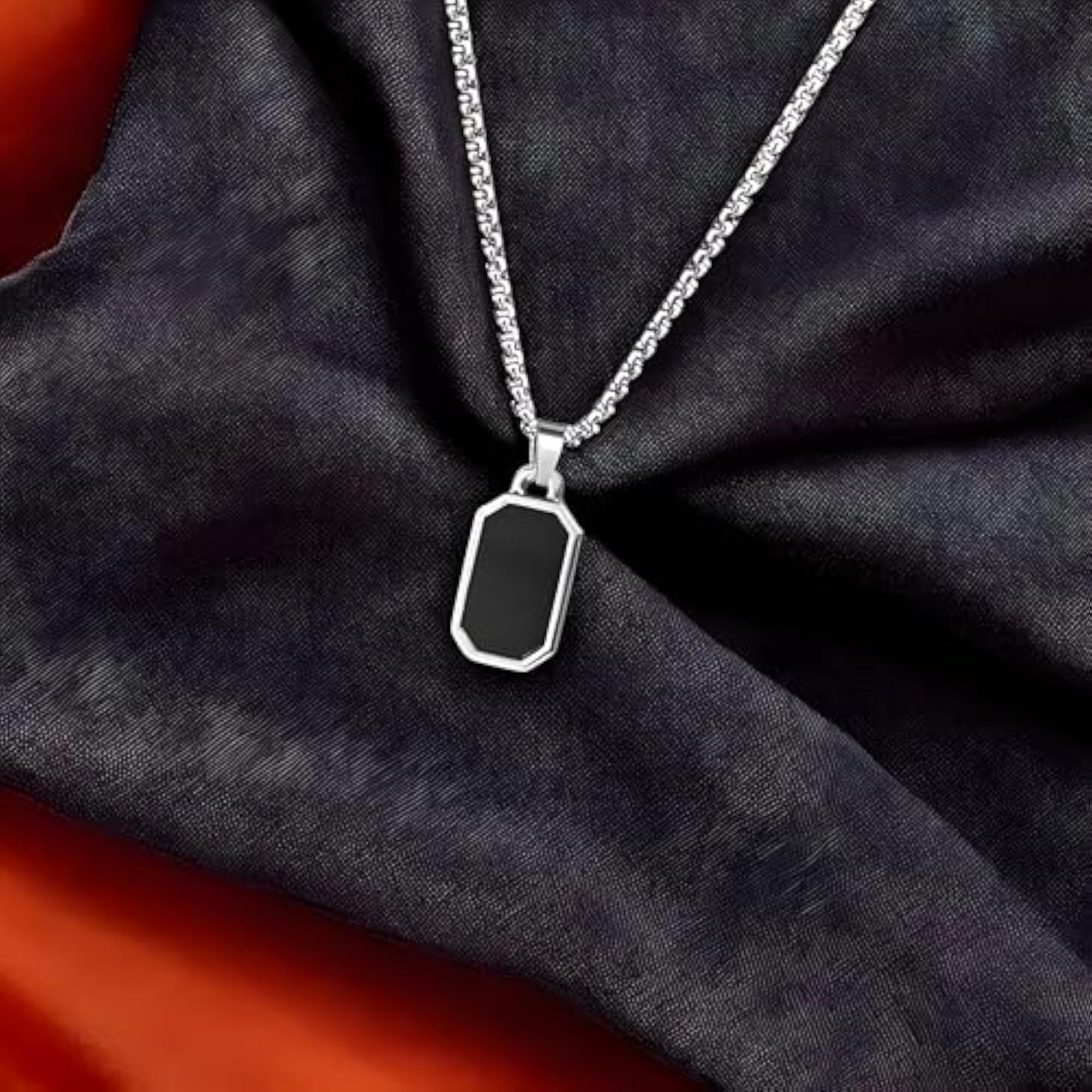 Men's Black Silver Geometric Chain Necklace with Locket