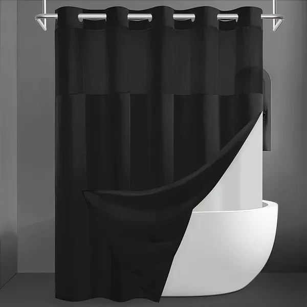 SORTTO No Hook Slub Textured Shower Curtain with Snap in Liner - Black Fabric Outer Curtain & Waterproof Inner Liner, Hotel Style with See Through Top Window, 71x74 in