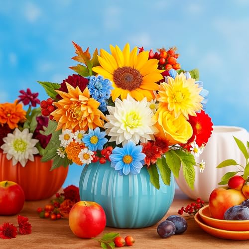 Sieral 3 Pcs Pumpkin Shape Ceramic Vase Fall Flower Vase 5.5 Inch White Orange Blue Ceramic Pumpkin Flower Pot for Fall Thanksgiving Party Home Room Office Farmhouses Decoration