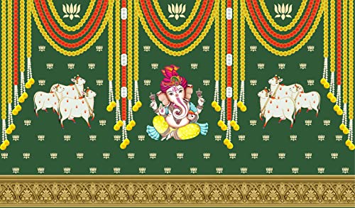 Image of Marigold and Lotus Flower with Cows and Ganesh ji Design Backdrop Cloth for Pooja Decoration Traditional Background Curtain Cloth for Festival Size 5 Feet Height and 8 Feet Width (5 * 8)