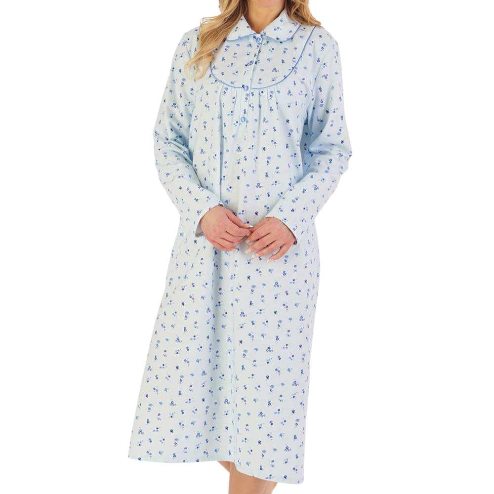 Slenderella 45" Collared Brushed Cotton Nightie ND06211 Blue 24-26