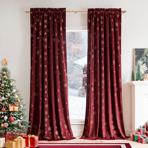 Image of Beauoop Christmas Red Velvet Curtains 63 Inches Long 2 Panels for Bedroom Living Room Gold Patterned Burgundy Thermal Insulated Room Darkening Rod Pocket Window Treatments Drapes, 52X63 Set of 2