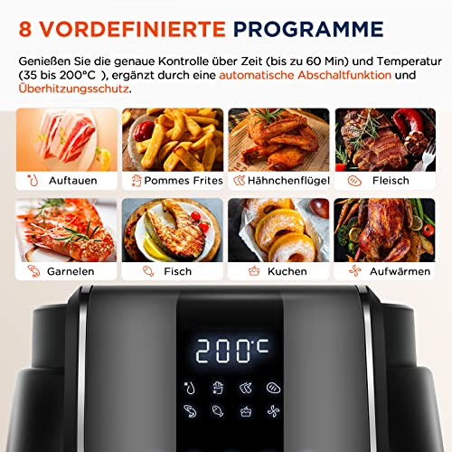 Midea MF-CN40C2 Heißluftfritteuse 4L, Ölfreie Airfryer 1500W, 8 Vorprogrammierte Kochmodi, 35-200℃, Backen, Braten, Grillen, Auftauen, Schüttelalarm, 60-Minuten Timer, 41 Rezepten, Spülmaschinenfest – Bild 6