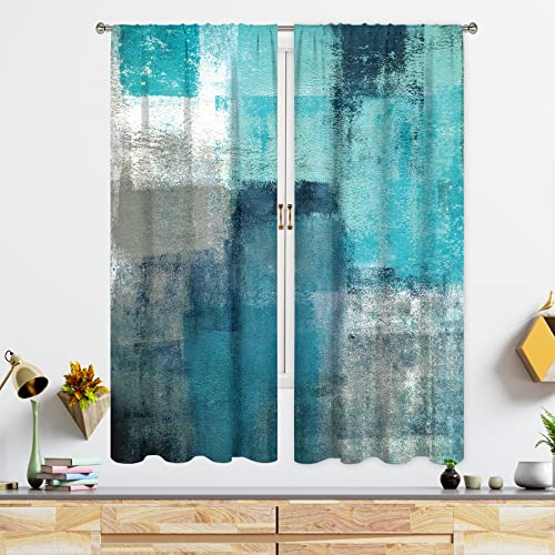 Meshelly Turquoise Grey Abstract Curtains 29Wx63H Inch Rod Pocket Blue Teal Aqua Gray Oil Paint Watercolor Bedroom Window Drapes Modern Cool Print Printed Living Room Window Treatment Fabric 2 Panels #TOP4