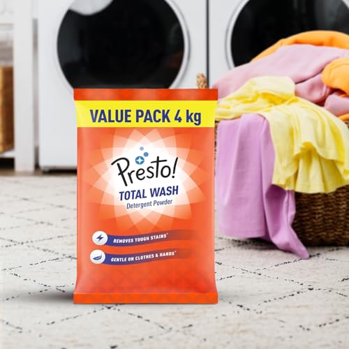 Image of Amazon Brand - Presto! Total Wash Detergent Powder | 8 Kg | 4 Kg X 2 Packs | Tough On Stains | Safe And Gentle On Fabrics | Refreshing Fragrance | Machine And Hand Wash | Bleach-Free Washing Powder