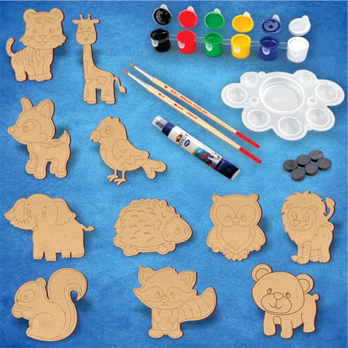 Image of PICRAZEE DIY Art & Craft Kit 11 Animal Cutouts for Fridge Magnets in Pine MDF | Acrylic Colors, Brushes, Palette & Magnets | Ideal for All Kinds of Painting & Kids DIY Projects (M6), Multicolor