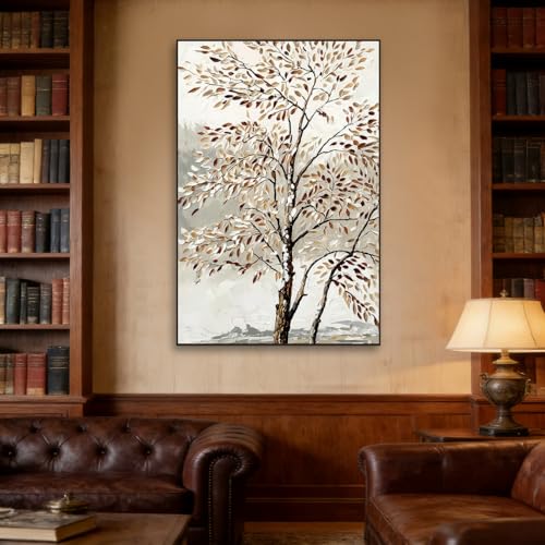 Image of Framed Abstract Tree Wall Art, 24 x 36 Inch Modern Birch Landscape Canvas Print, Neutral Beige Brown Painting Decor for Living Room Bedroom Office