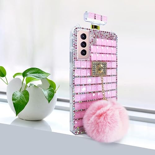 Losin Compatible With Galaxy S22 Perfume Bottle Case For Women And Girls Detachable Crossbody Lanyard Case Luxury Bling Diamond Glitter Shiny Rhinestones Gemstone With Cute Plush Furry Ball #TOP5
