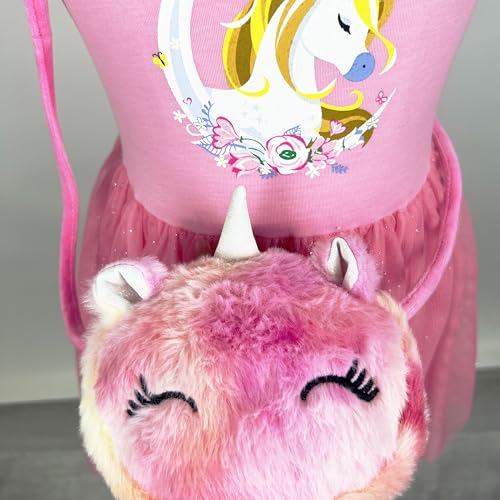Toddler Girls Pink Unicorn Dresses Casual Short Sleeve Tutu Dress for Little Girl 3-7T with a Rainbow Unicorn Furry Pouch3