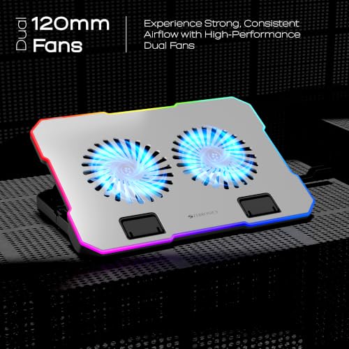 Image of Zebronics NC6800 Laptop Cooling Pad, Dual 120mm Fans, Up to 17-Inch Laptop Support, 65 CFM Airflow, 10 RGB Modes, 5-Level Adjustable Stand, Dual USB Hub, Fan Speed Control, Anti-Slip Pads (Silver)