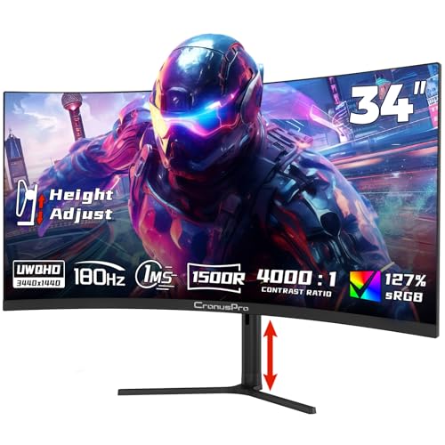 CronusPro 34 Zoll Ultrawide Curved Gaming Monitor, 180Hz, UWQHD (3440 x 1440) Höhenverstellbar, Pip/PBP, 1ms MPRT, AMD FreeSync, 21:9, 4000:1, 127% sRGB, 1500R, 2* HDMI 2.1/DP 1.4, VESA, Schwarz 1