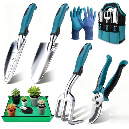 Kit Giardinaggio Completo 7 Pezzi in Alluminio Anti-Ruggine con Tappetino Rinvaso 75x75cm e Borsa 600D Oxford,Set Attrezzi da Giardino Professionali per Orto e Piante,Regalo Giardinaggio Donna Uomo