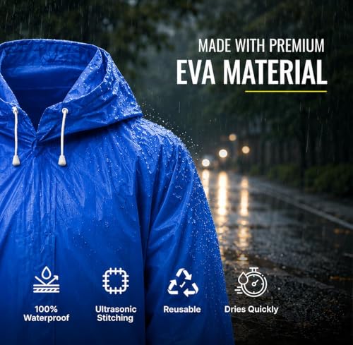 Image of EVA Raincoat for Men & Women, Black, Waterproof, Hooded with Adjustable Drawstrings, Knee Length, Reusable (Blue)