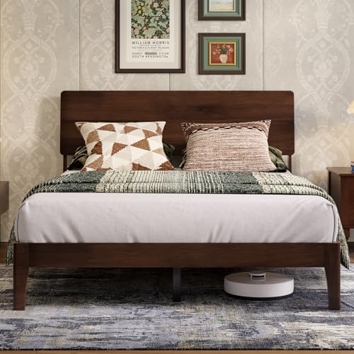 Novilla Queen Bed Frame with 3-Level Adjustable Storage Headboard, Solid Wood Platform Bed Frame with Slats, No Box Spring Needed, Noise Free, Walnut Finish for Master Bedroom and Guest Room