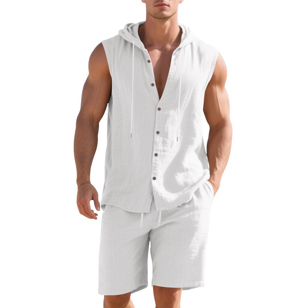 Conjunto de lino para hombre 2 piezas con capucha y pantalones cortos de playa verano