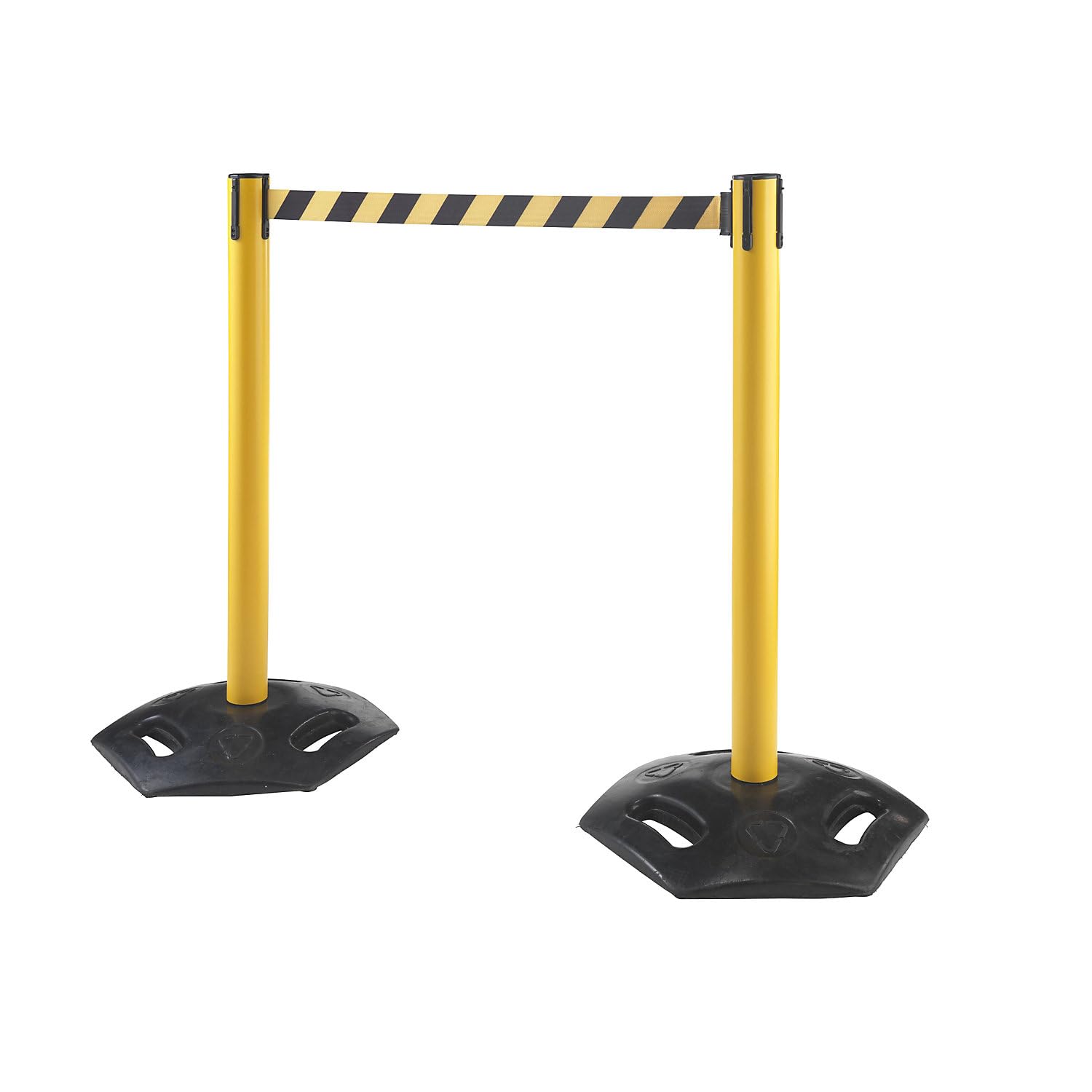 Certeo | Lot de 2 potelets de délimitation à Sangle | Avec pied en caoutchouc dur, tiroir 3700 mm, potelet jaune, sangle jaune / noir