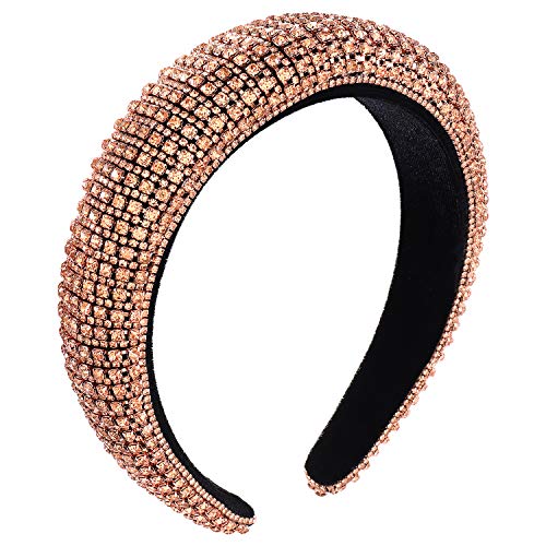 Rhinestone Crystal Padded Headband Bejewelled Velvet Wide Hairband Hair Hoops Wedding Bridal Party Headpiece Headwear For Woman Girls (rose)