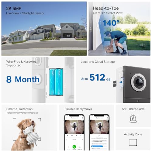 Tapo D235 2K 5MP Doorbell Wireless 180°DFOV Ultra-Wide Video Doorbell Wireless or Wired,Battery 210 Day,Ring Chime Included,Head-to-Toe View IP66,TP-Link Free AI Detection,Alexa,No Monthly Fee - Image 4