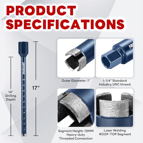 Image of 1 inch Core Drill Bit with Etched Depth Scale - Industrial for Reinforced Concrete, Brick Block, Masonry,1-1 /4 inch-7 UNC,14 inch Drilling Depth, Precision-Welded & Aggressive Sharp 12mm Segments, Wet