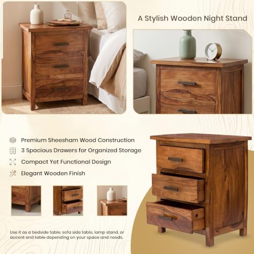 Image of SHIKHA WOOD CRAFT Solid Sheesham Wood Bedside End Table with 3 Drawer Storage for Bedroom Wooden Nightstand Table Home Office (Honey Finish)