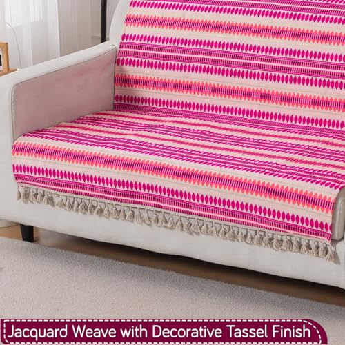 Image of HOKIPO 'Artisan Boho Series' Sofa Cover with Tassel for 2 Seater Sofa | 450 GSM Thick Cotton Acrylic Jacquard Fabric Sofa Cover, Size 152x120 cm, Fuchsia Pink (IN-908-A5)