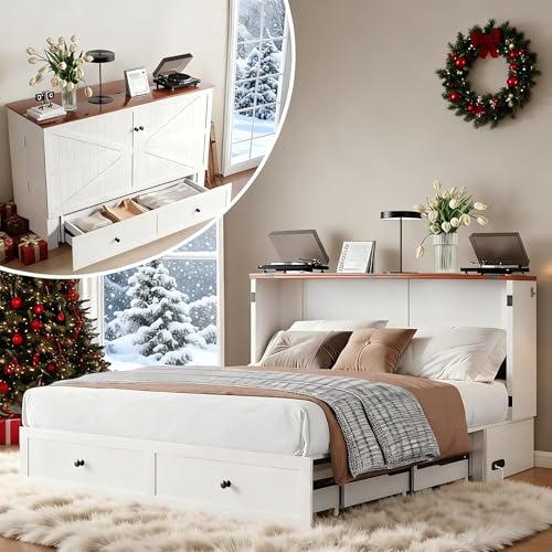 BALUS Full Size Murphy Bed with Tri-Folding Mattress, 57.5" W Cabinet Bed with USB Charging Station & Storage Drawer, Full Murphy Cabinet Beds for Guest Room, Apartment, Home Office, Bedroom, White