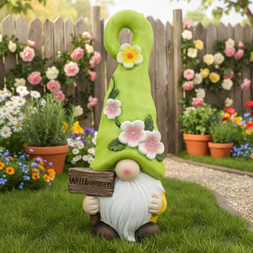 Dekoleidenschaft Solar LED Wichtel Willkommen Gartenzwerg 41 cm hoch Outdoor Gartendeko Gartenfigur wetterfest Deko-Figur für Draußen Balkon & Terrasse