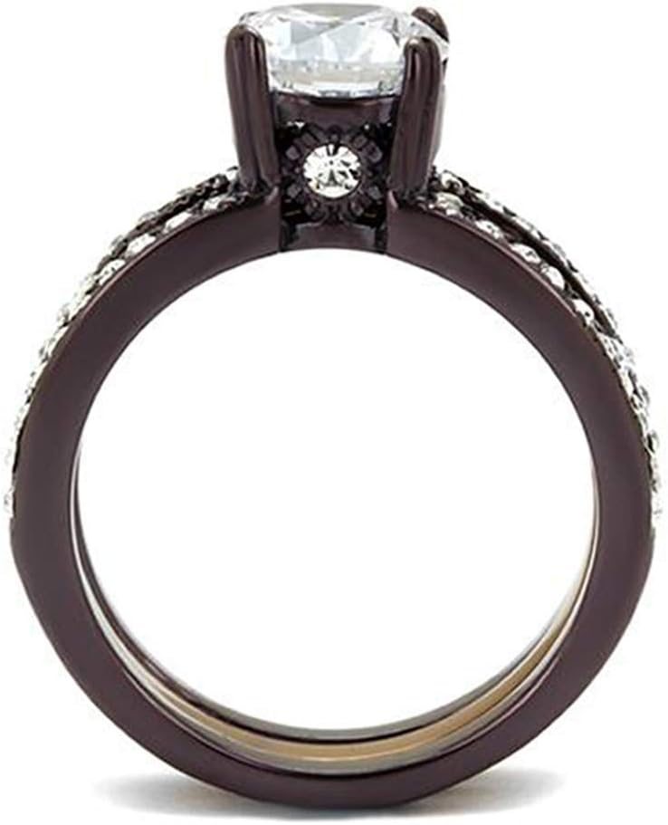 MABELLA Stainless Steel Two Tone IP Dark Brown Cubic Zirconia Round Cut Women Wedding Engagement Bridal Ring Set