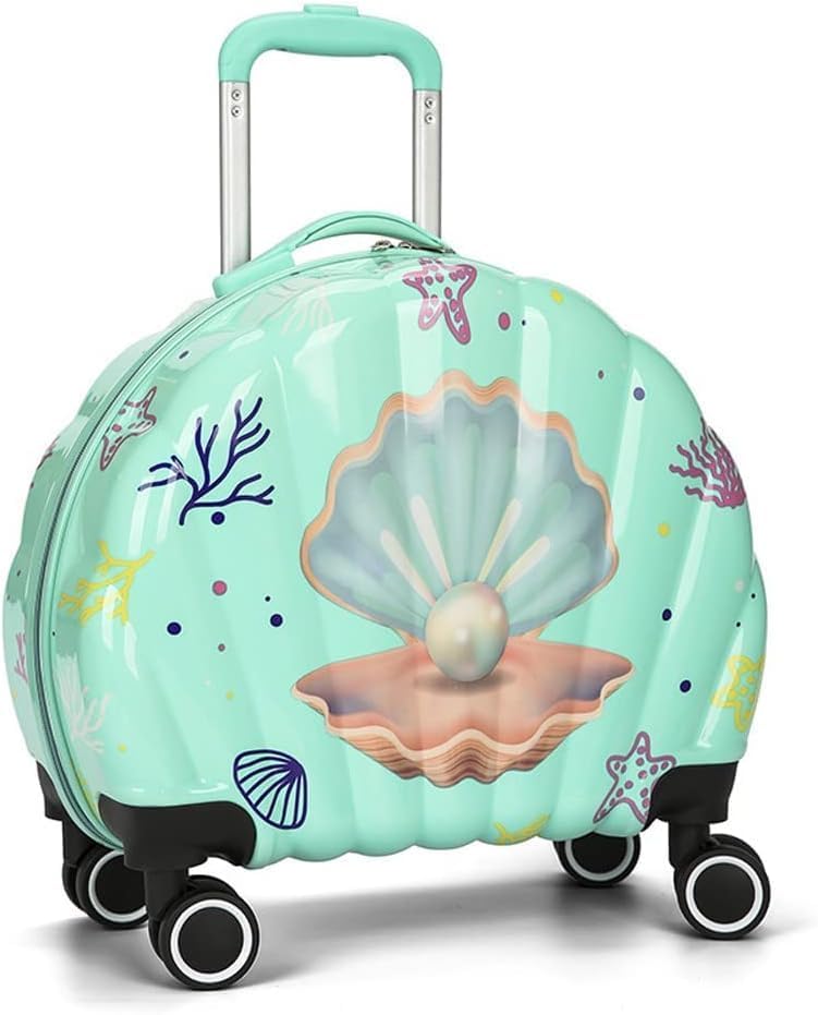 Image of ADSON Children 3D Cute Mermaid Sea Shell Design Pearl Print Kids Trolley Bag Cabin Suitcase for Children Teens 360 Travel Trolley Child Hardsided Suitcase Boy Girl Luggage (Mermaid Sea Green)