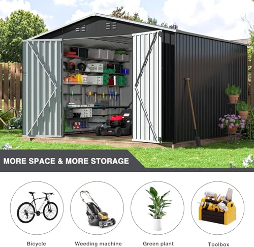 Image of Polar Aurora 10x10 FT Outdoor Storage Shed, Metal Garden Shed with with Updated Frame Structure, Tool Sheds for Backyard Garden Patio Lawn, Black