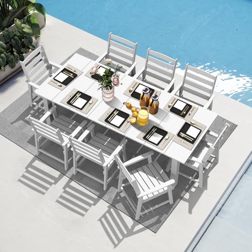 LOUNZY 9 Pieces Patio Dining Sets, Outdoor HDPE Furniture Set for 8 w/ 2" Hole Cut-Out Dining Table with 8 Patio Chairs for Pool, Lawn and Garden,White 9 Dining Sets White