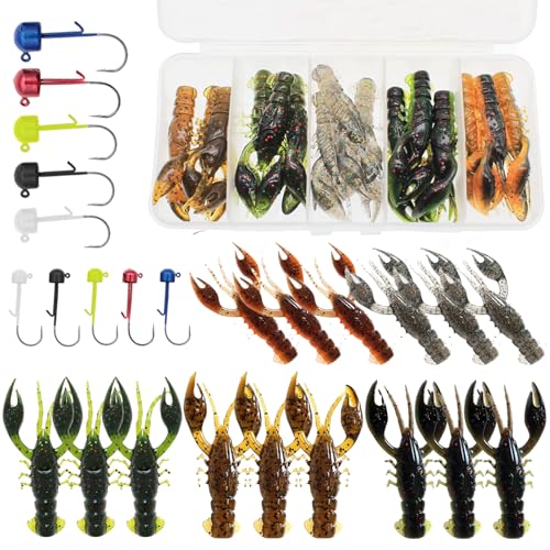 Lilureena 25 Pcs bass Fishing kit Baits Soft Plastic Fishing Lures bass Lures for Bass Crawfish Lures Jig Head Kit
