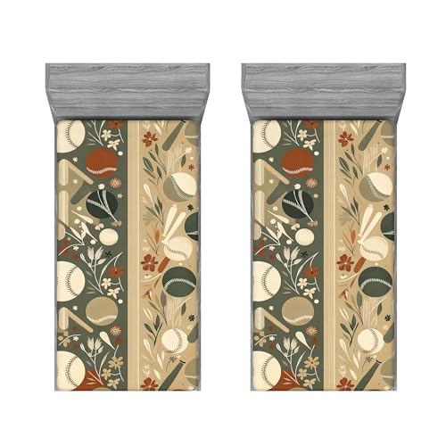 Ambesonne Baseball 2 Pack Fitted Sheet, Nostalgia Ball Pattern Art, Bed Cover All-Round Elastic Deep Pockets 2 Pieces, Package Contains 2 Twin XL Size Fitted Sheets, Pale Khaki Laurel Green