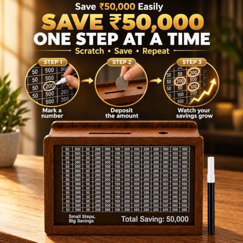 Image of PulGos Wooden Money Saving Box with Marker|50,000 Goal Counter Piggy Bank