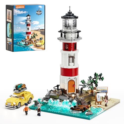 Lumibricks Sunrise Leuchtturm Bauset 1632 Teile Küsten-Leuchtturm mit 360 Chasing-Licht Vintage Beetle Auto Modularer Stromanschluss Ozean-Base Sammlermodell & Geschenk für Erwachsene