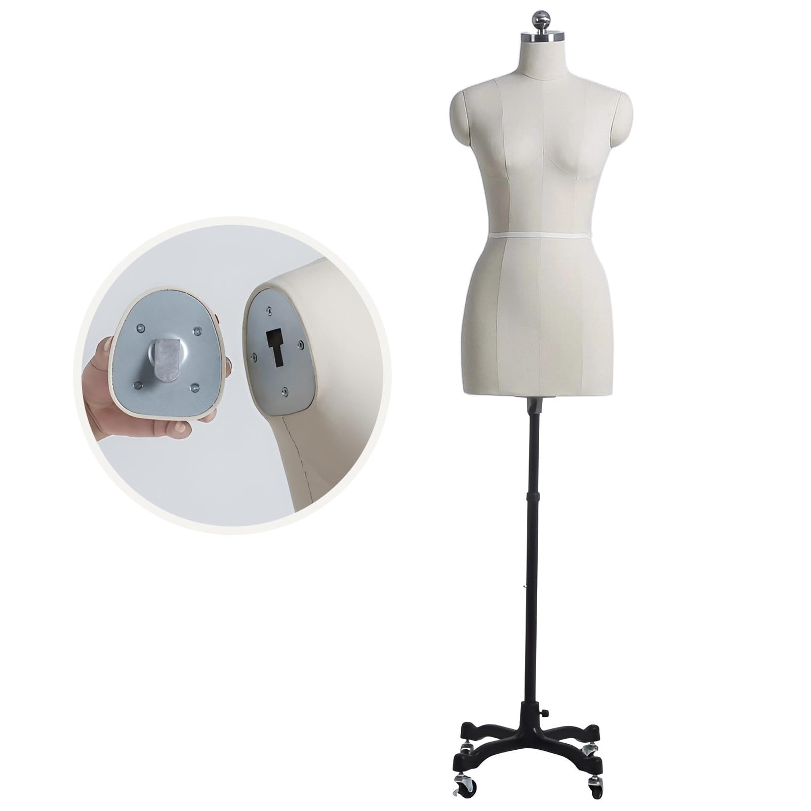 Manichino da cucito femminile, busto regolabile con braccioli, design su misura, ruote universali stabili