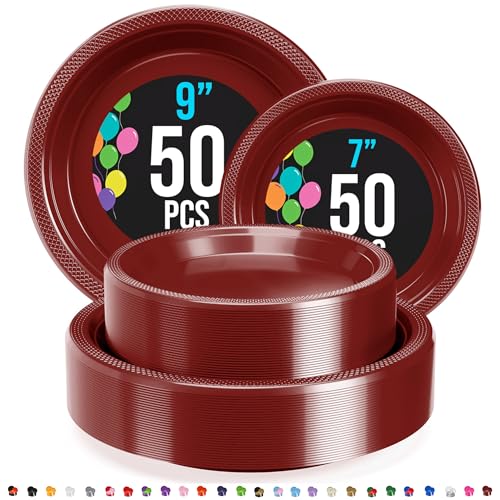 Party Solids Burgundy Plastic Plates For Party Supplies, Burgundy Disposable Plates 100 Pieces - 50-7 Party Solids Burgundy Plastic Plates For Party Supplies, Burgundy Disposable Plates 100 Pieces - 50-7