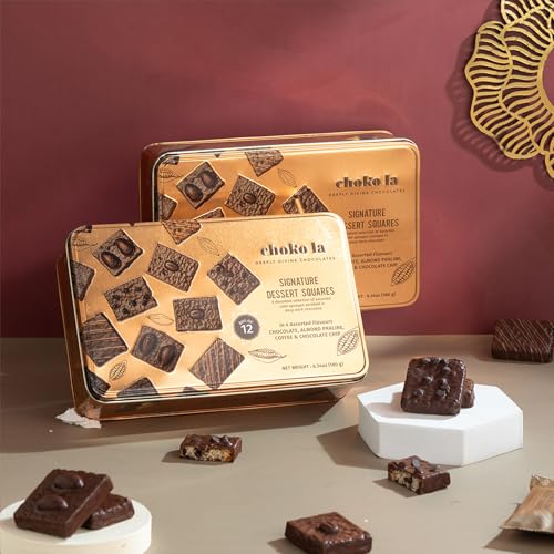 Image of Chokola Signature Dessert Square Chocolate Hamper - Premium Sponge Cake Enrobed in Dark Chocolate (Brownie) with Assorted Flavours & Nuts | Luxury Chocolate Gift Box for Festivals Celebrations (180g, 12 pcs)