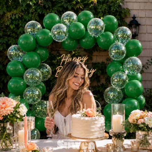 Image of SUWEN 47PCS Dark Green Latex and Confetti Hunter Emerald Forest Balloon Set | Hunter Emerald Forest Green Helium Matte Balloon for Birthday Anniversary Christmas Jungle Safari Party Decorations
